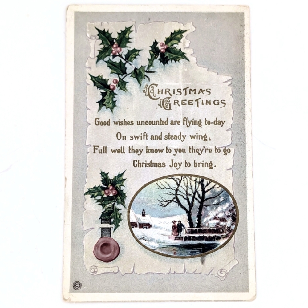 Antique 1916 Christmas Postcard Holly Winter Scene Embossed Postmarked